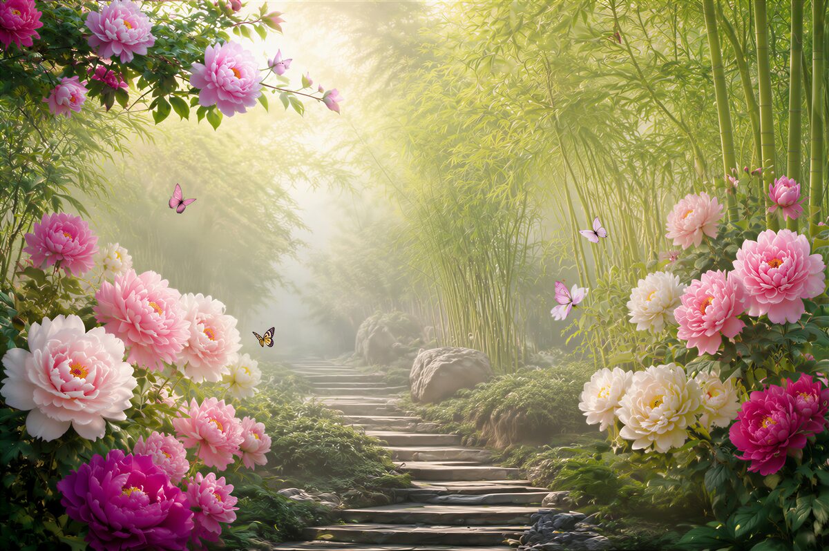 Papier peint Renard en bambou vert et fleurs