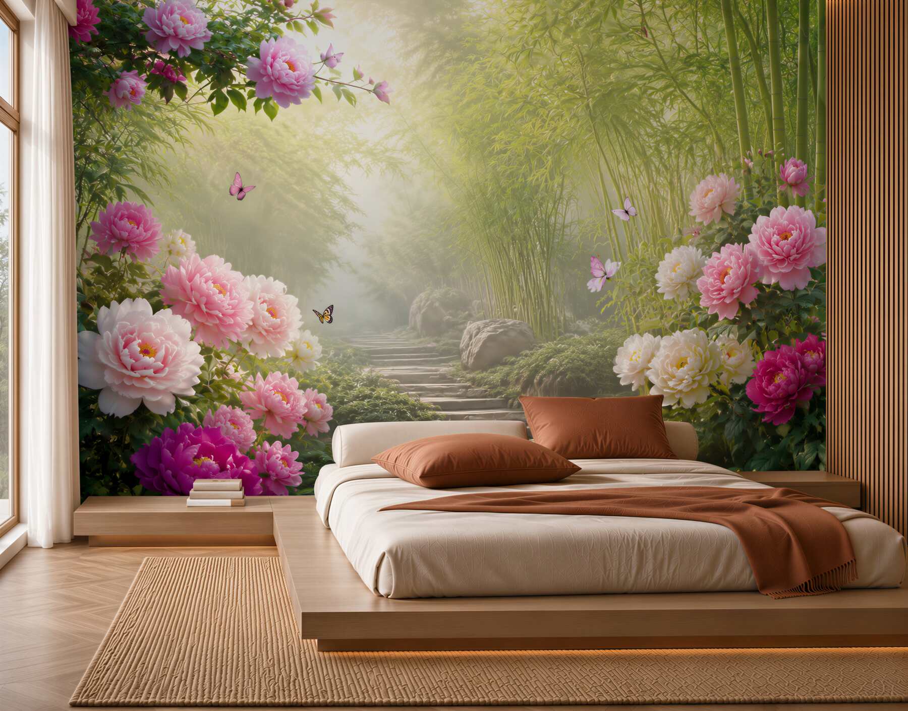 Papier peint Renard en bambou vert et fleurs