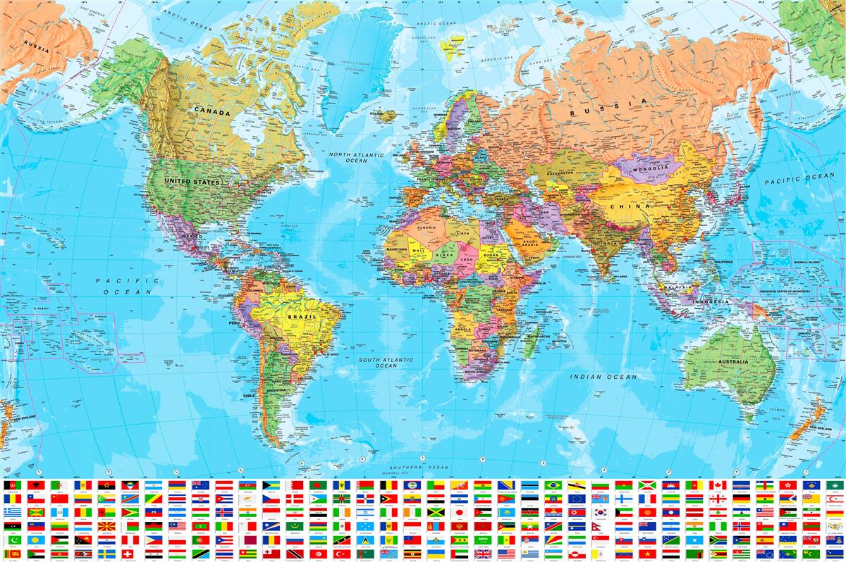Papier peint Carte politique du monde avec drapeaux