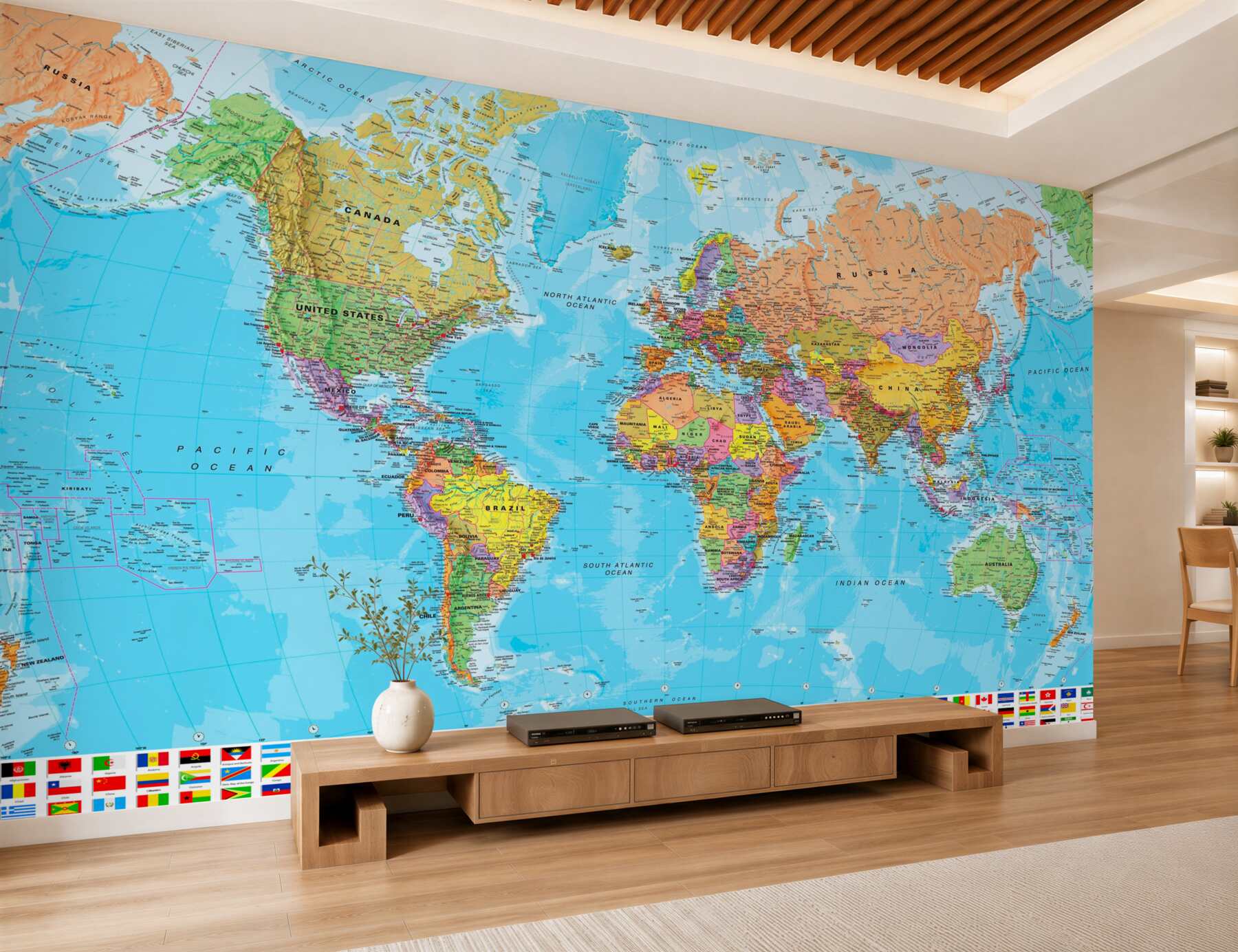 Papier peint Carte politique du monde avec drapeaux