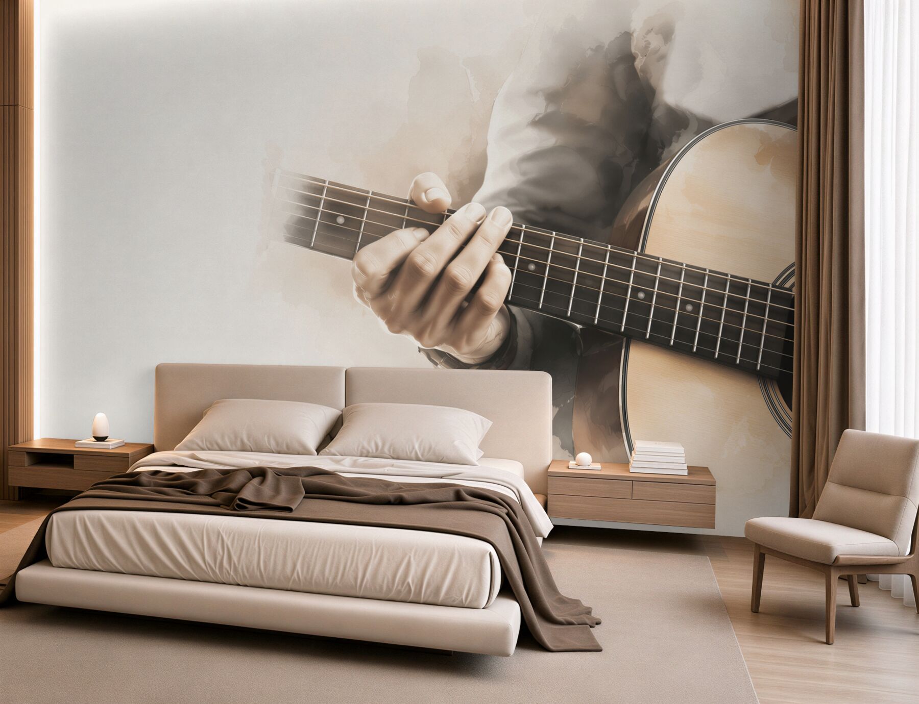 Papier peint guitare classique avec la main d'un musicien en sépia
