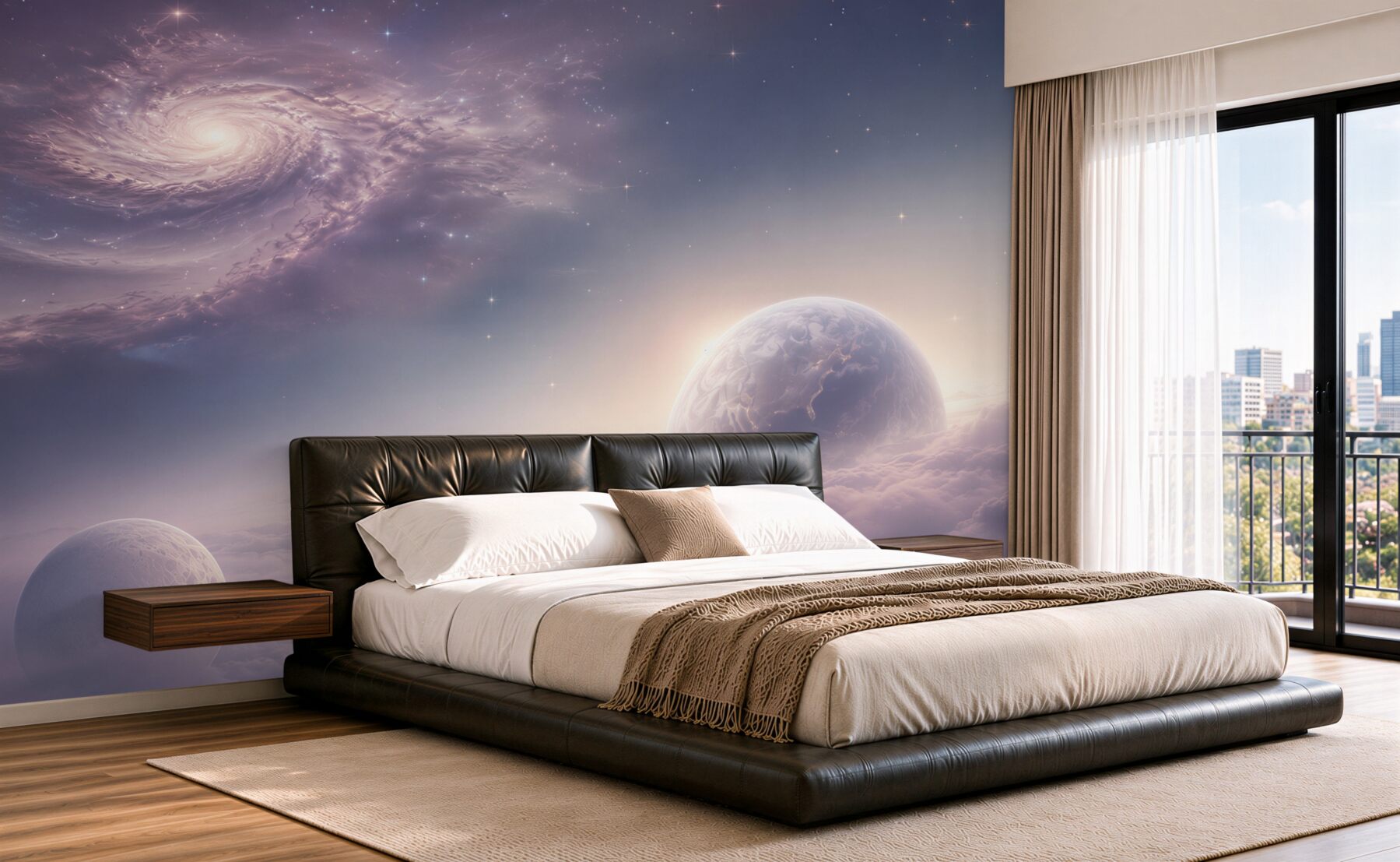 Papier peint galaxie spatiale et planètes dans des nuages pastel