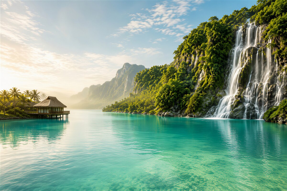 Papier peint cascade tropicale au-dessus d'une lagune turquoise avec bungalow