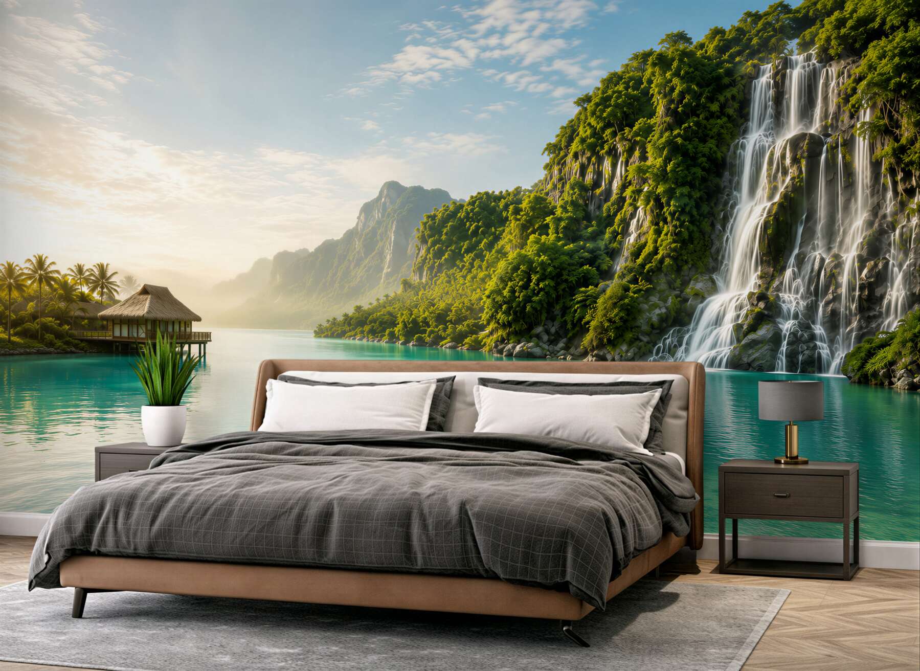 Papier peint cascade tropicale au-dessus d'une lagune turquoise avec bungalow