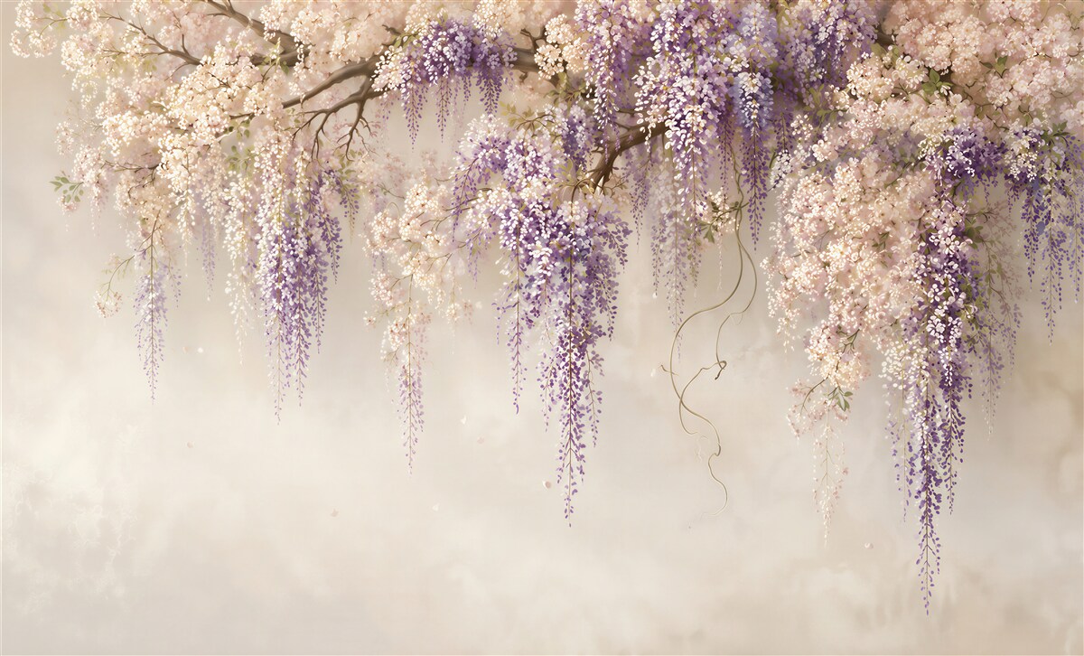 Papier peint glycine en fleurs blanche-violette romantique