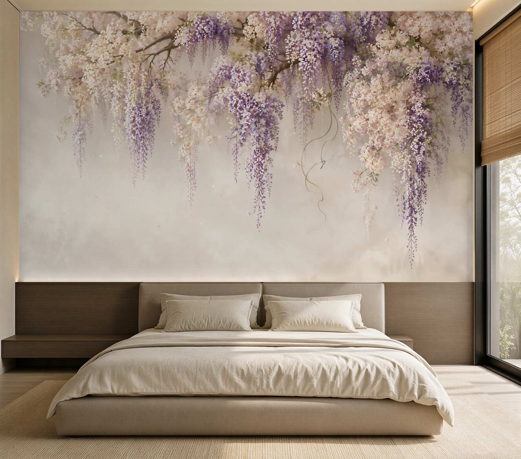 Papier peint glycine en fleurs blanche-violette romantique