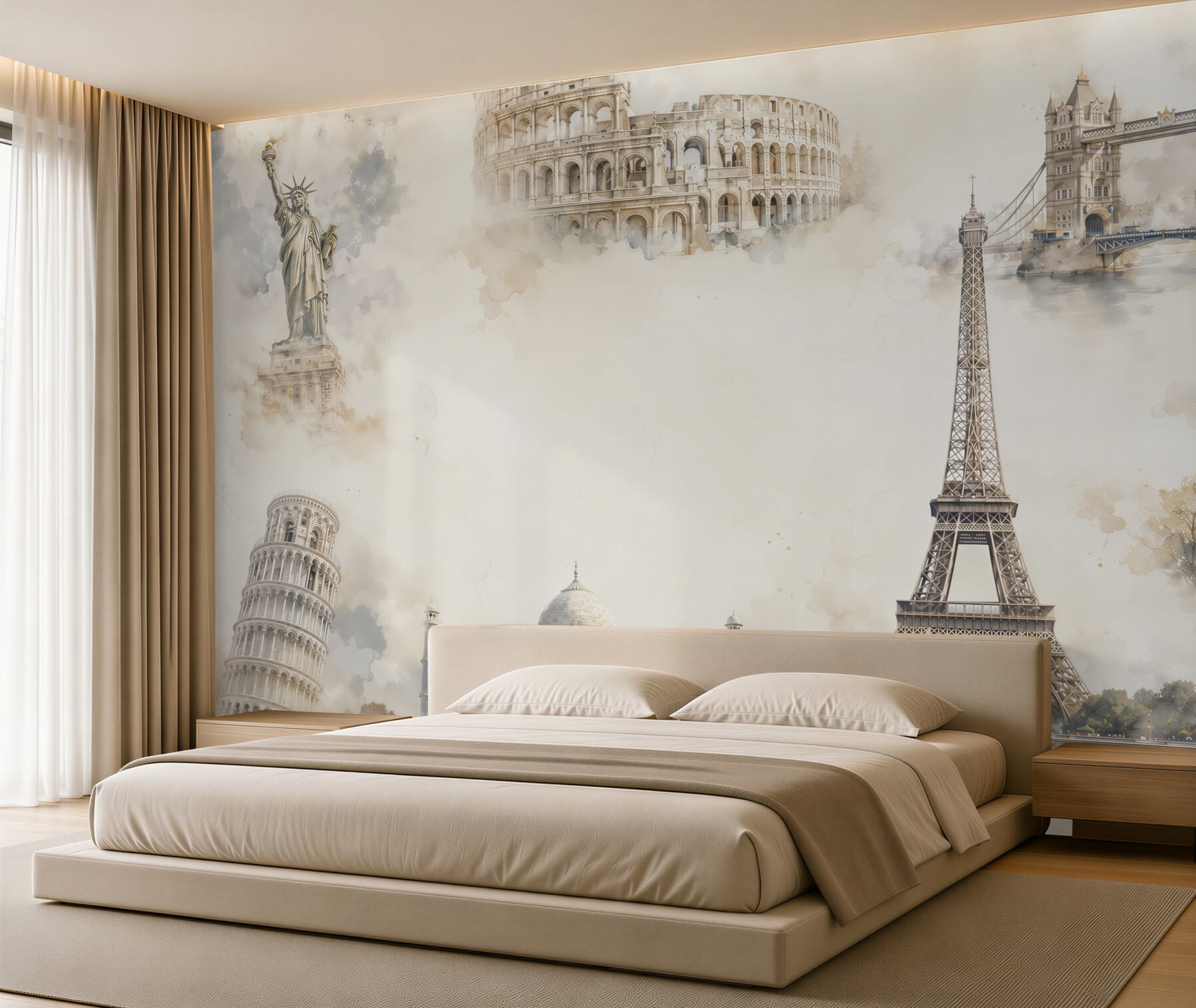Papier peint monuments mondiaux dans le style aquarelle beige