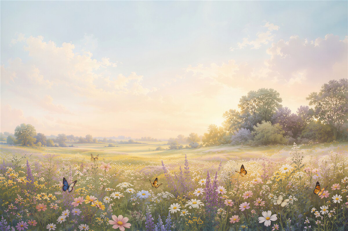 Papier peint prairie fleurie avec des papillons au lever du soleil