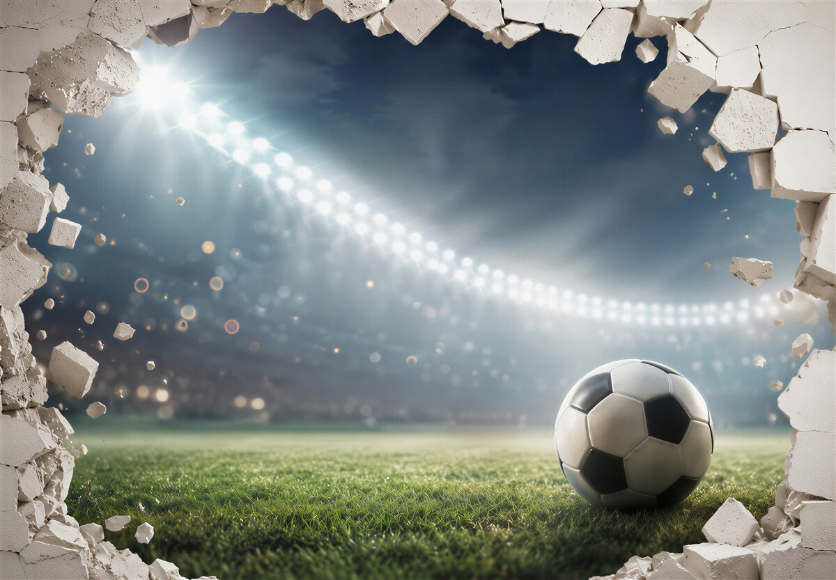 Papier peint football au stade avec effet de mur fissuré