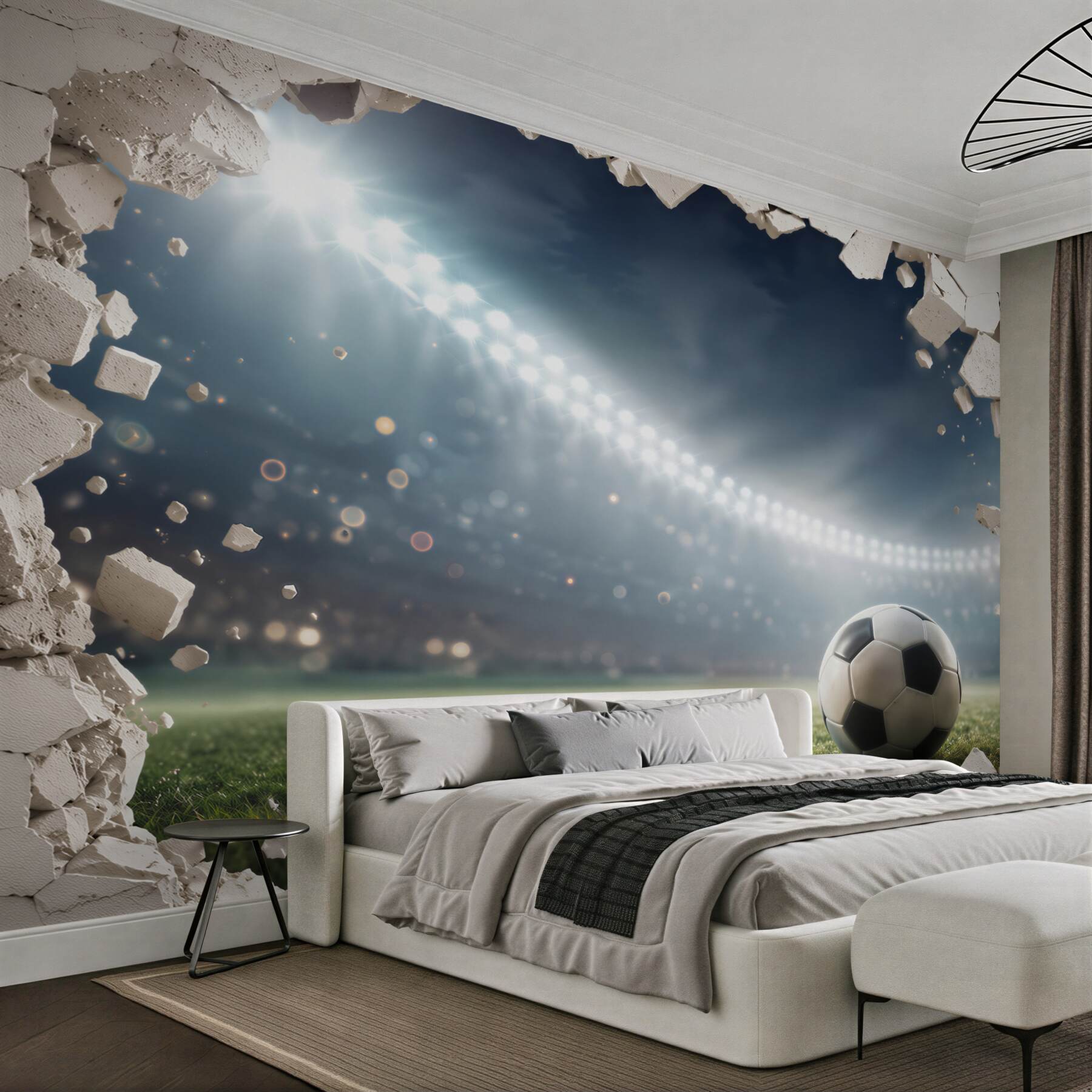 Papier peint football au stade avec effet de mur fissuré
