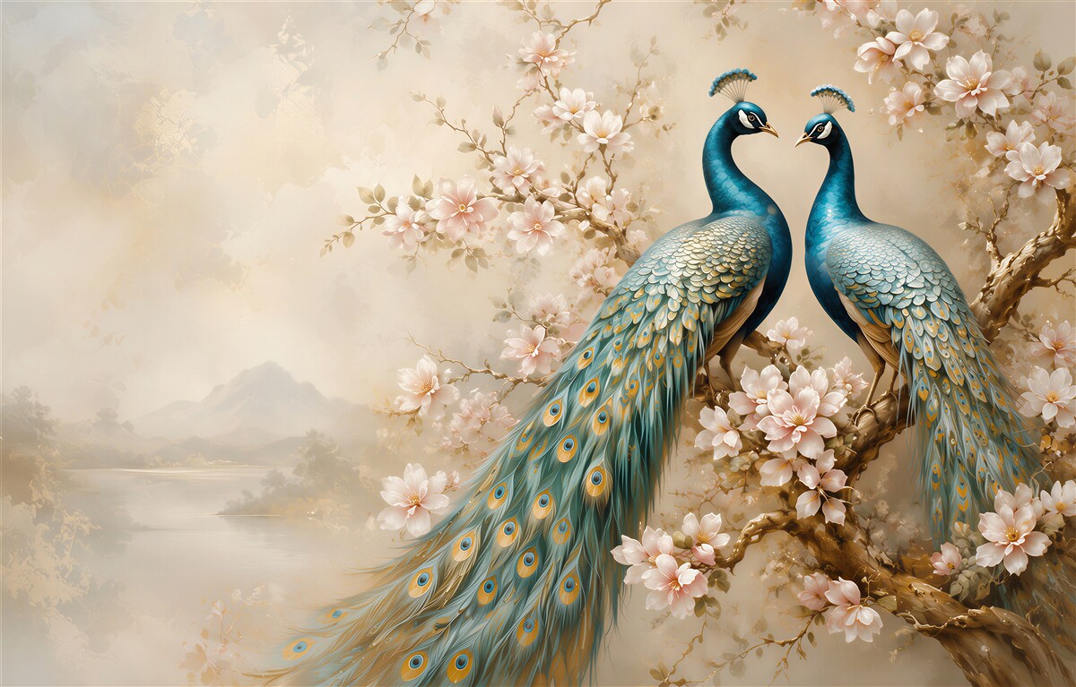 Papier peint paons sur une branche fleurie romantique en beige et bleu