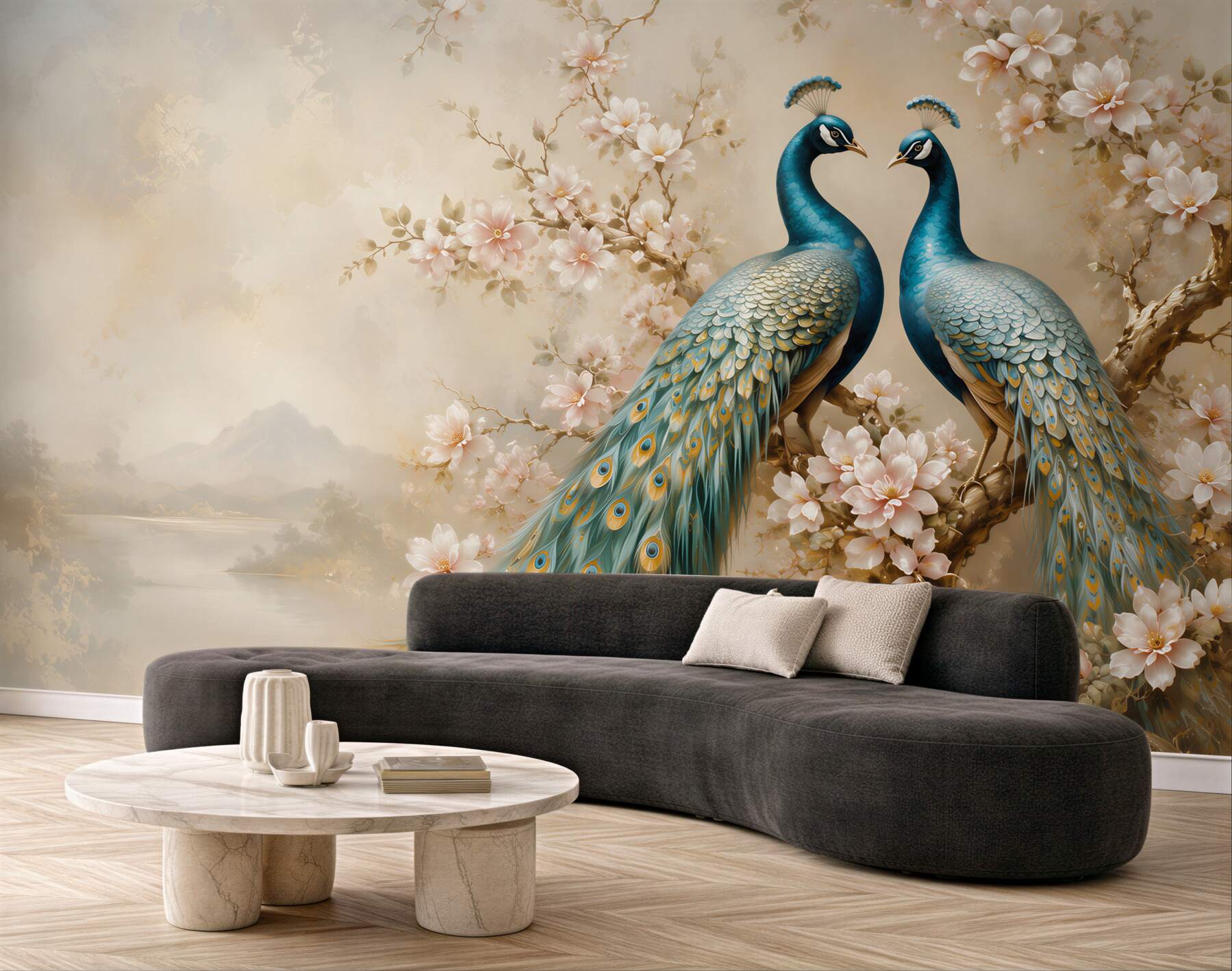 Papier peint paons sur une branche fleurie romantique en beige et bleu