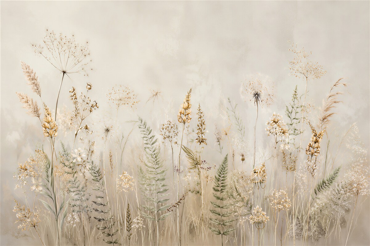Papier peint fleurs des champs et herbes beiges dans un style romantique