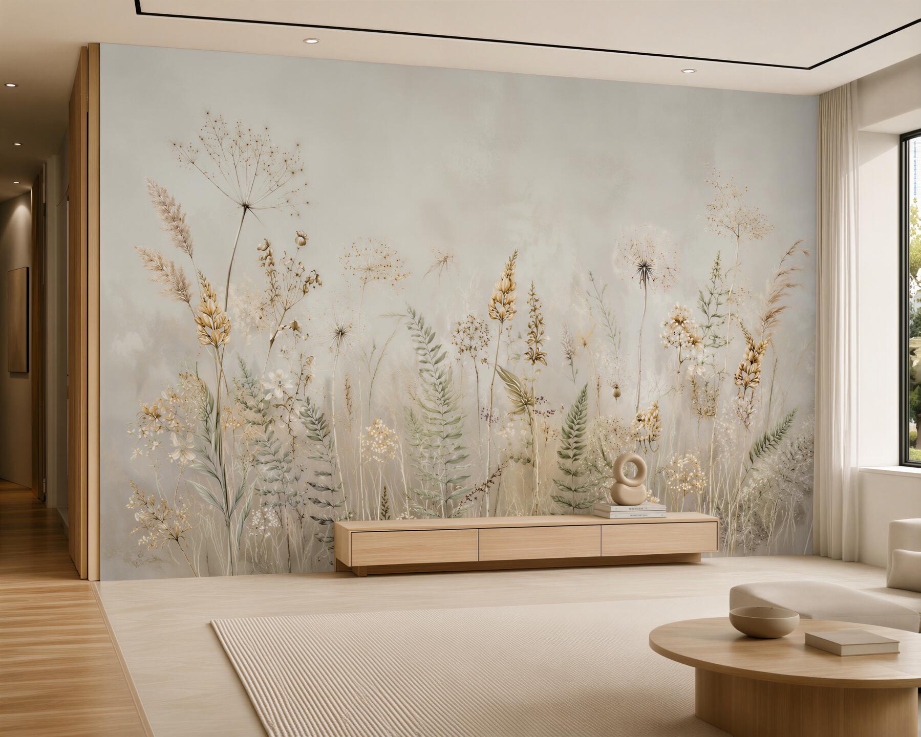 Papier peint fleurs des champs et herbes beiges dans un style romantique