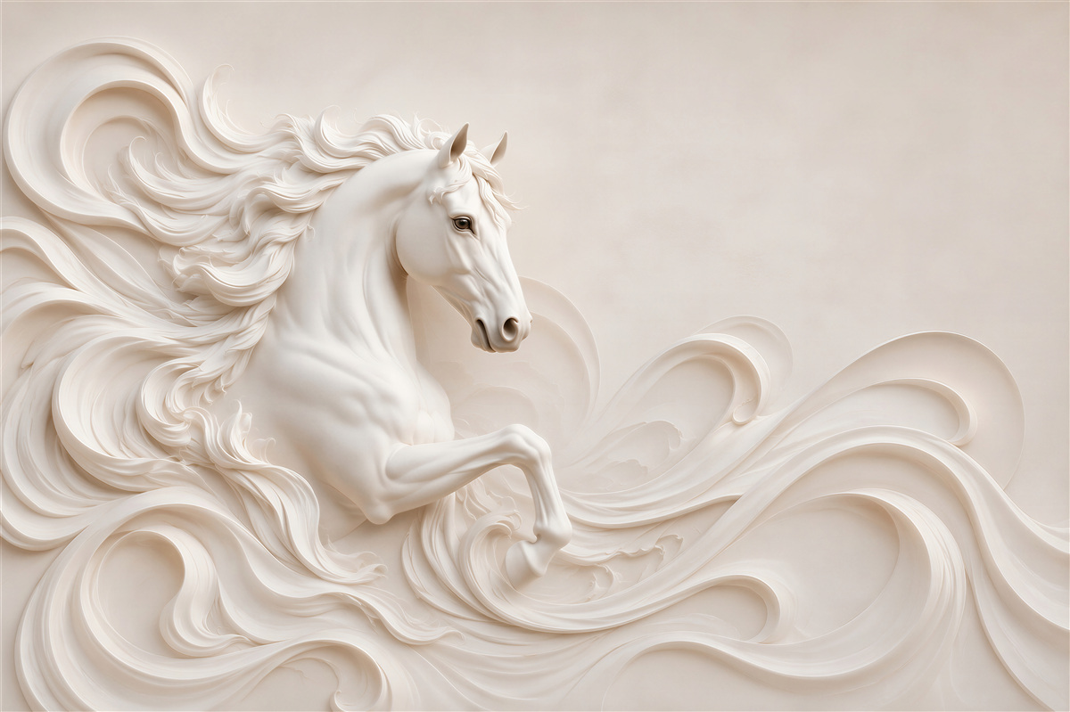 Papier peint cheval blanc 3D dans les vagues décoration murale élégante