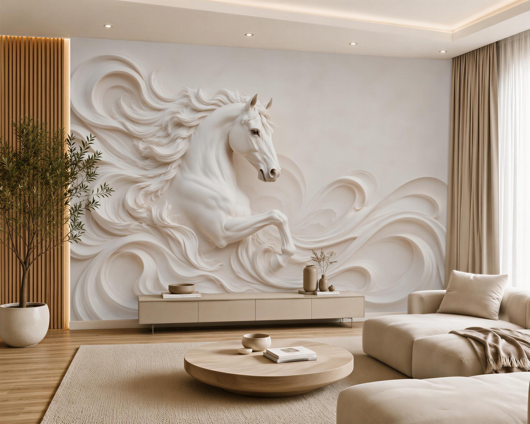 Papier peint cheval blanc 3D dans les vagues décoration murale élégante