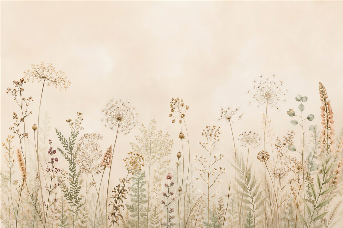 Papier peint prairie avec pissenlits et plantes sauvages en beige