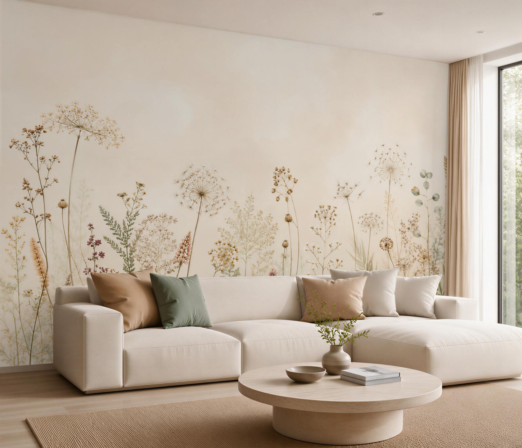 Papier peint prairie avec pissenlits et plantes sauvages en beige