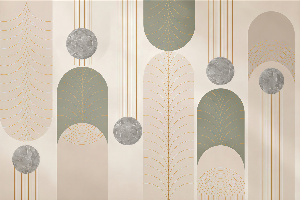 Papier peint arcs géométriques art déco beige et gris avec or
