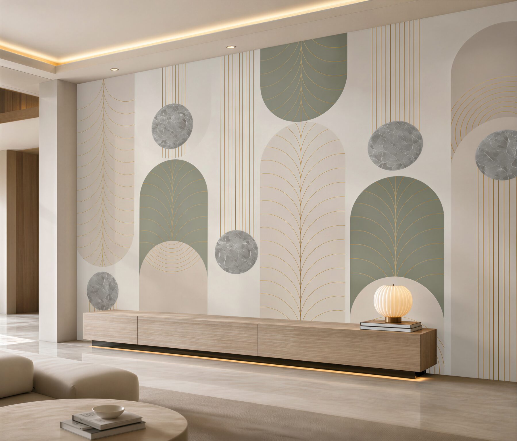 Papier peint arcs géométriques art déco beige et gris avec or