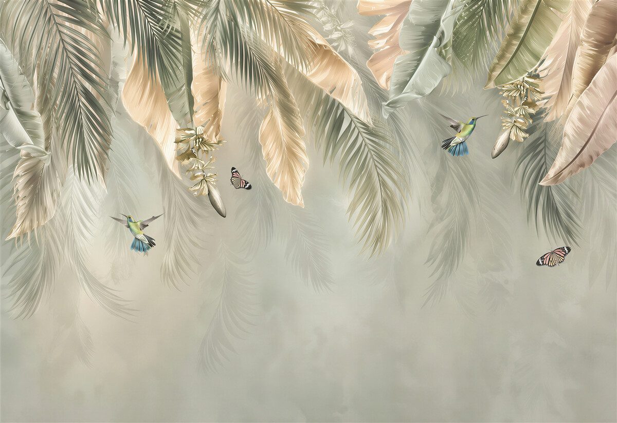 Papier peint feuilles tropicales avec colibris en beige et vert