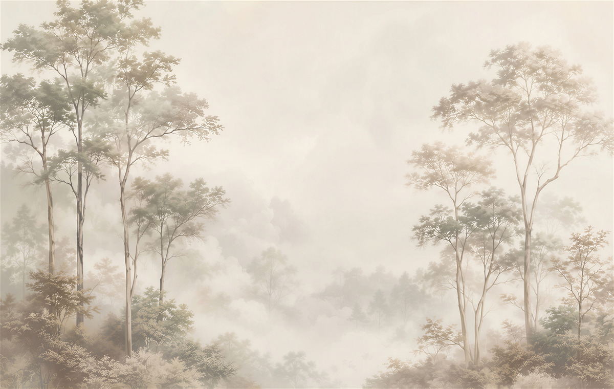 Papier peint forêt dans la brume beige paysage paisible pour le salon
