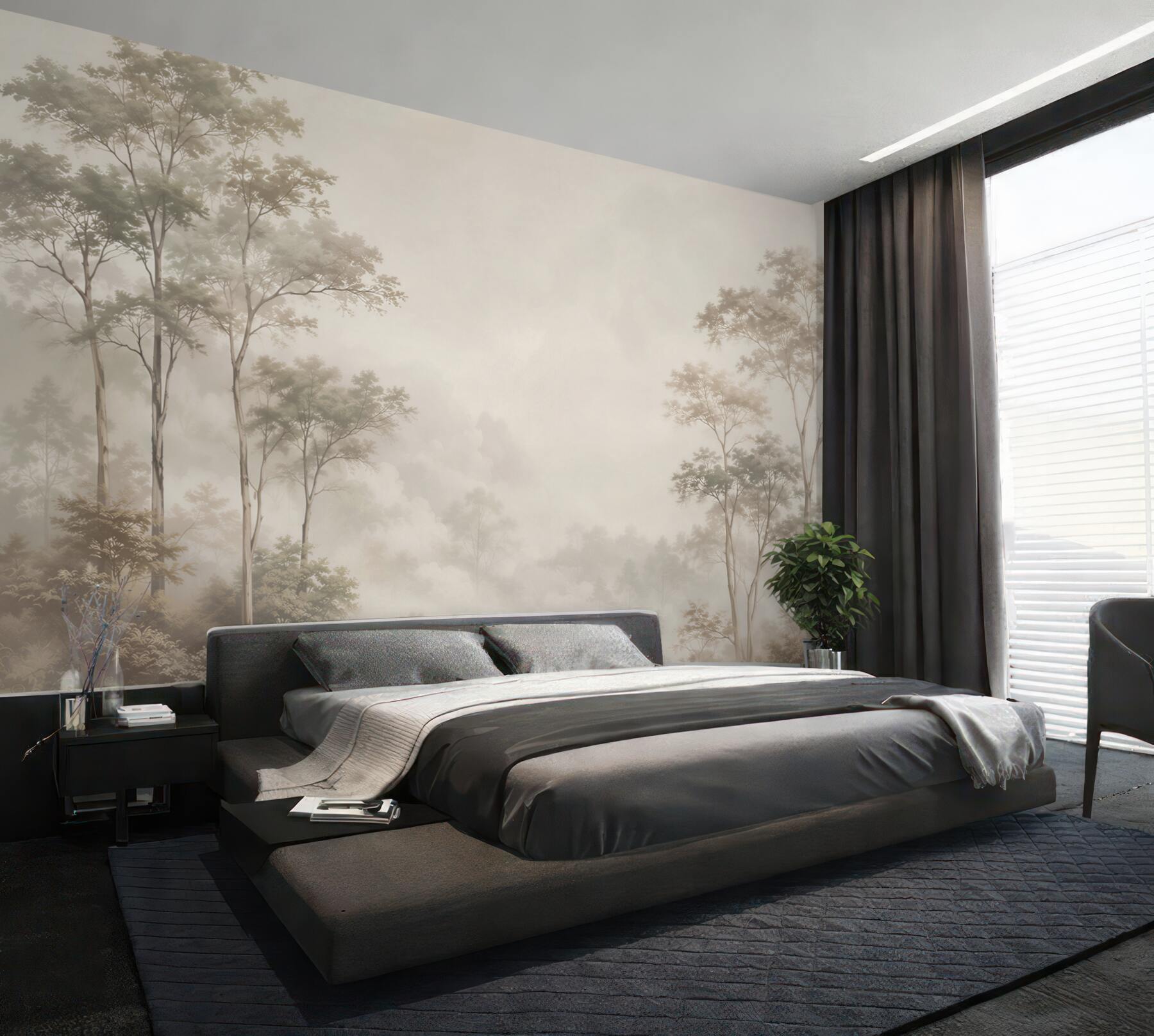 Papier peint forêt dans la brume beige paysage paisible pour le salon