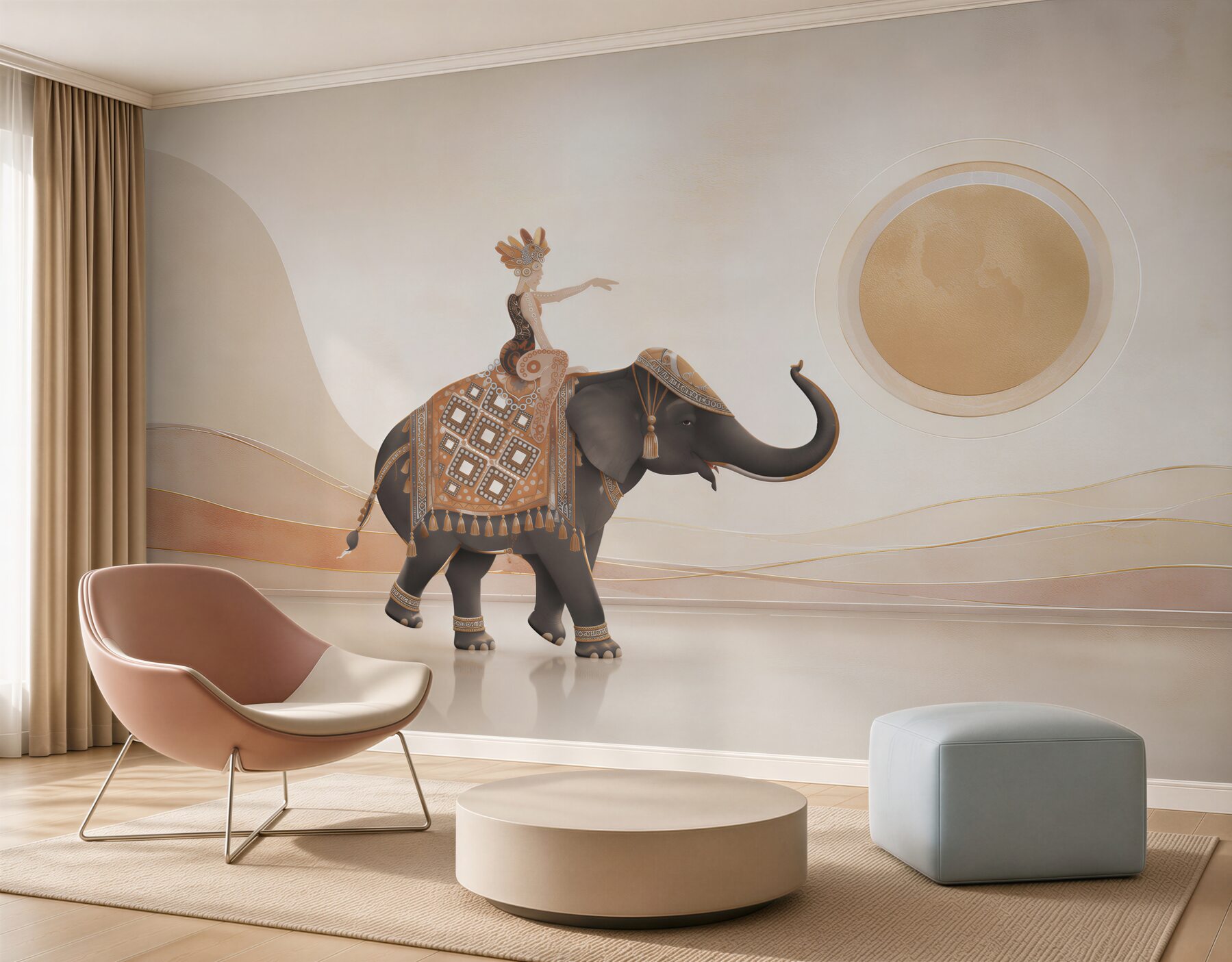 Papier peint éléphant indien décoratif dans un style ethnique beige