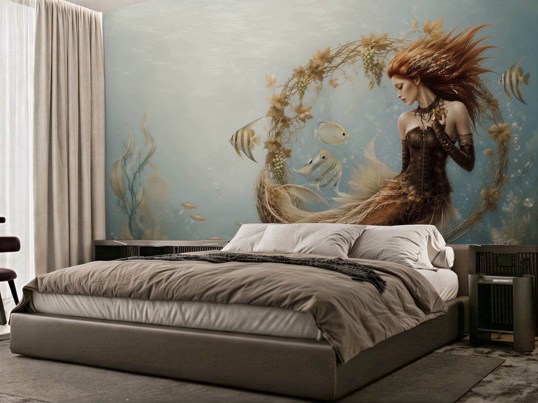 Papier peint sirène sous l'eau avec des poissons dans un style féerique