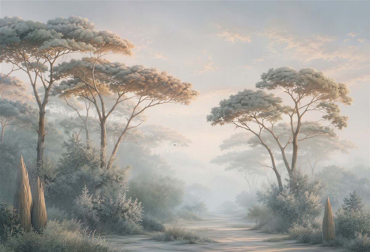 Papier peint paysage forestier dans la brume avec de grands arbres