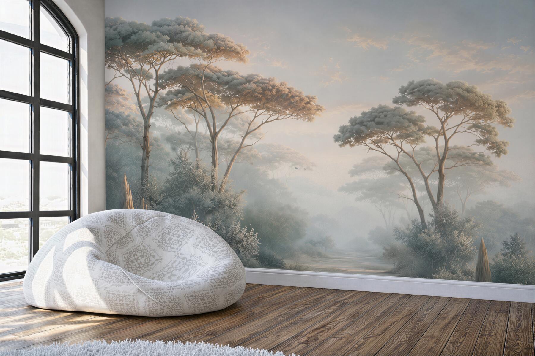 Papier peint paysage forestier dans la brume avec de grands arbres