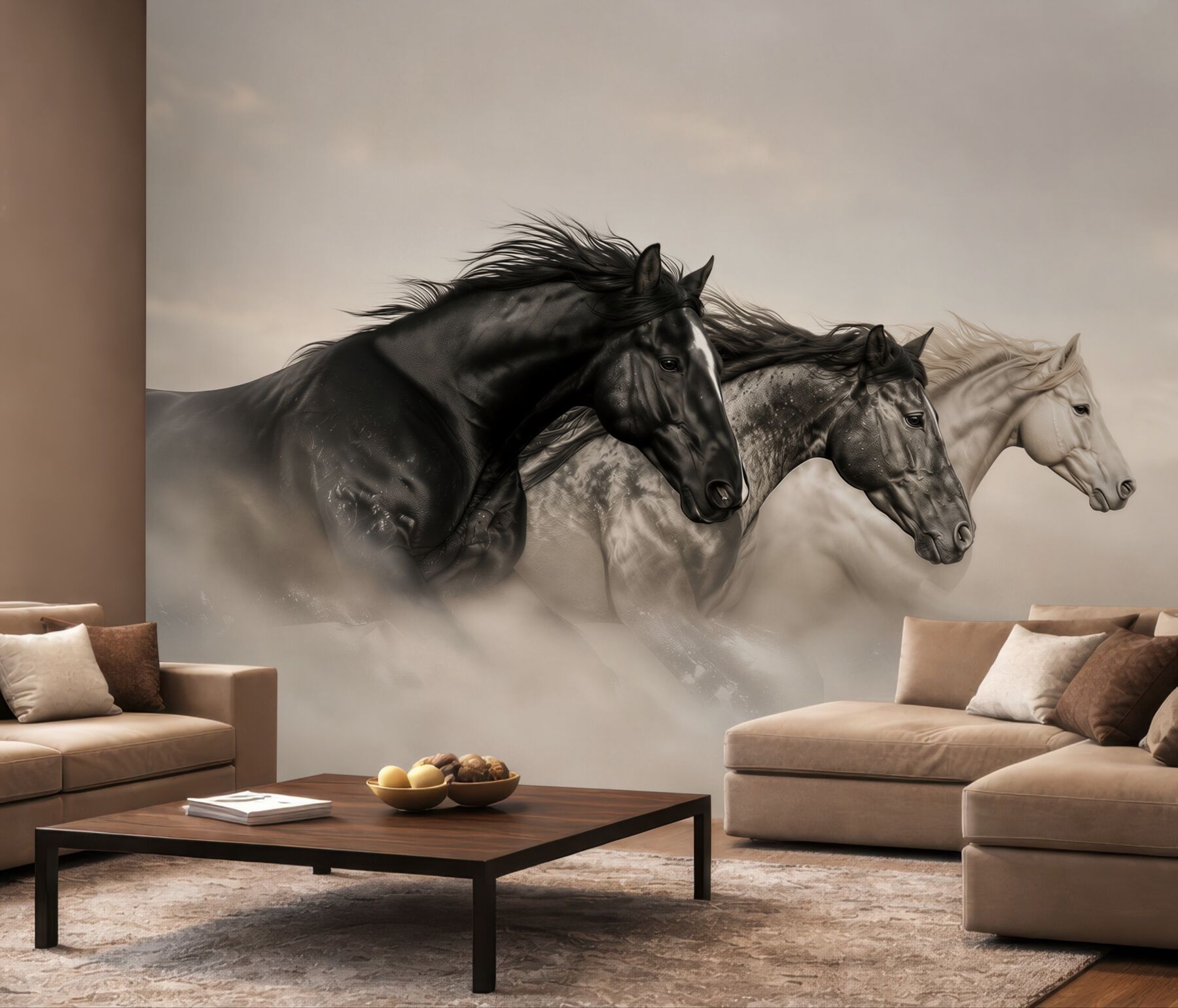 Papier peint chevaux galopant dans le brouillard dynamique beige
