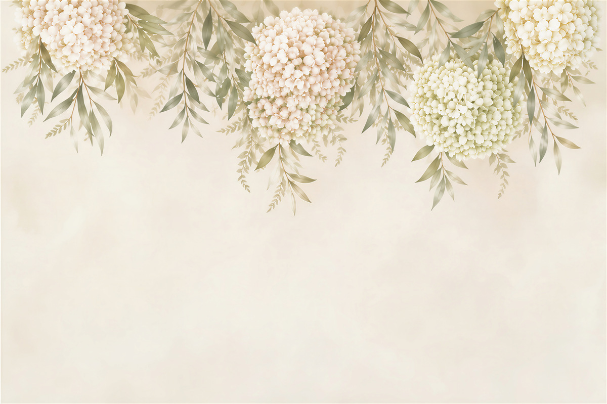 Papier peint hortensias blanches avec feuilles vertes romantique pour la chambre