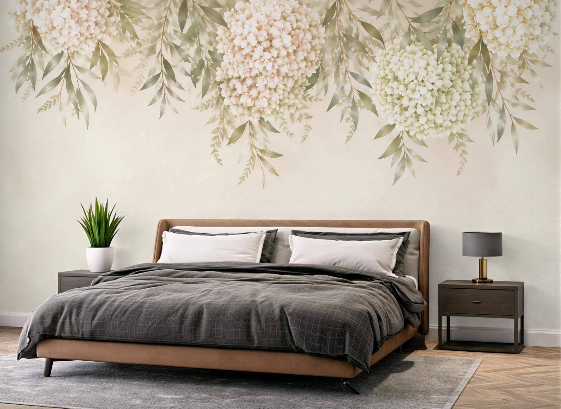 Papier peint hortensias blanches avec feuilles vertes romantique pour la chambre