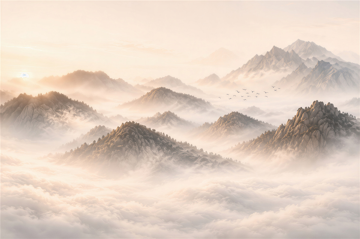 Papier peint montagnes dans le brouillard au lever du soleil panorama paisible