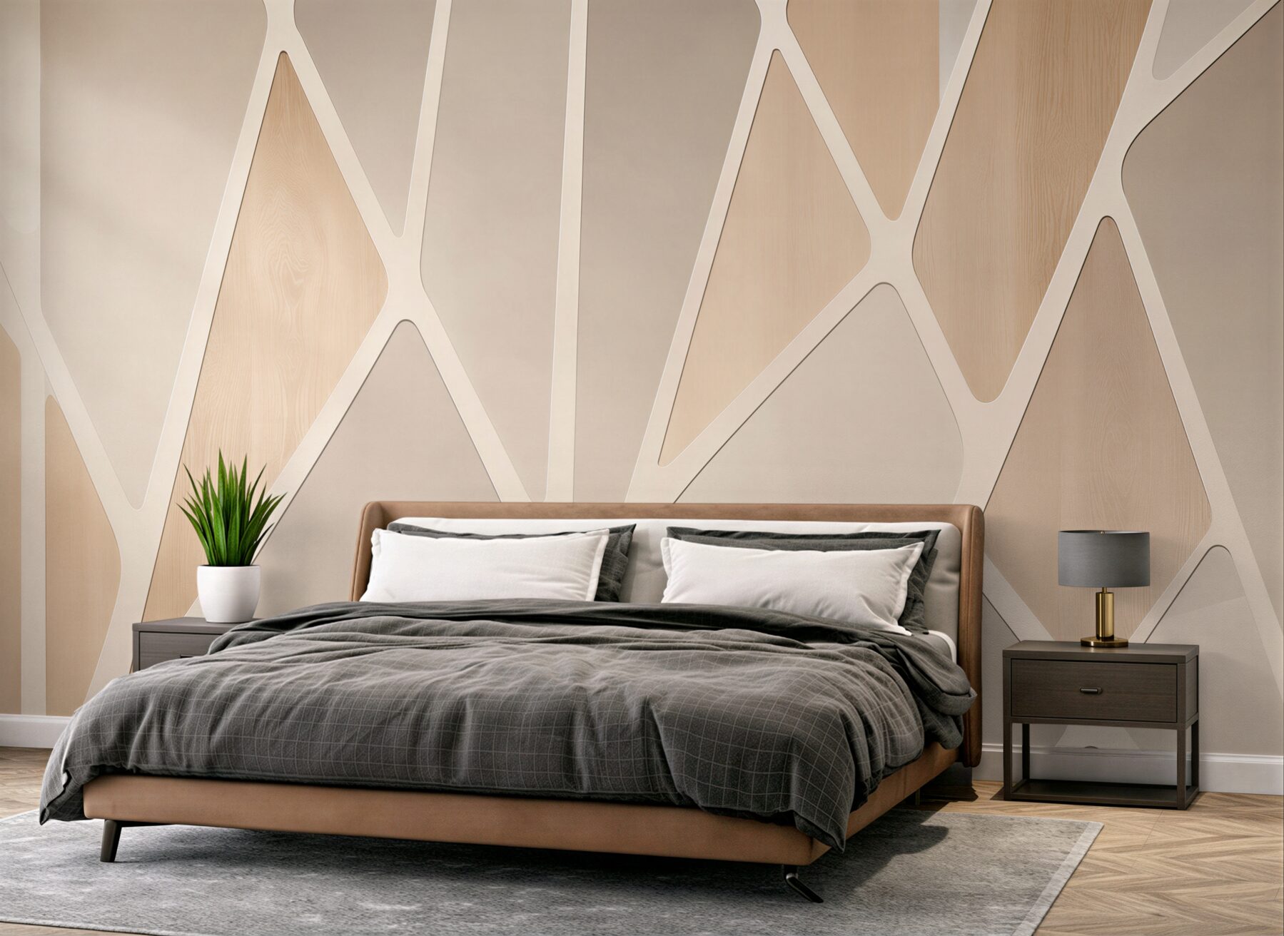 Papier peint géométrie abstraite beige avec effet bois