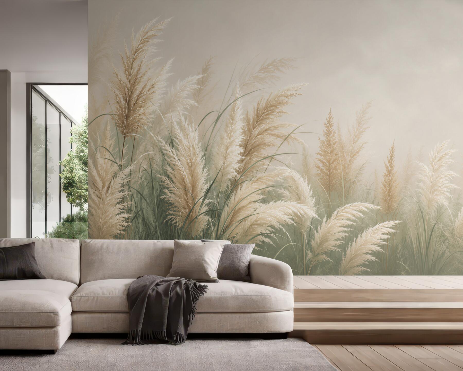 Papier peint herbes de pampa crème dans un style naturel