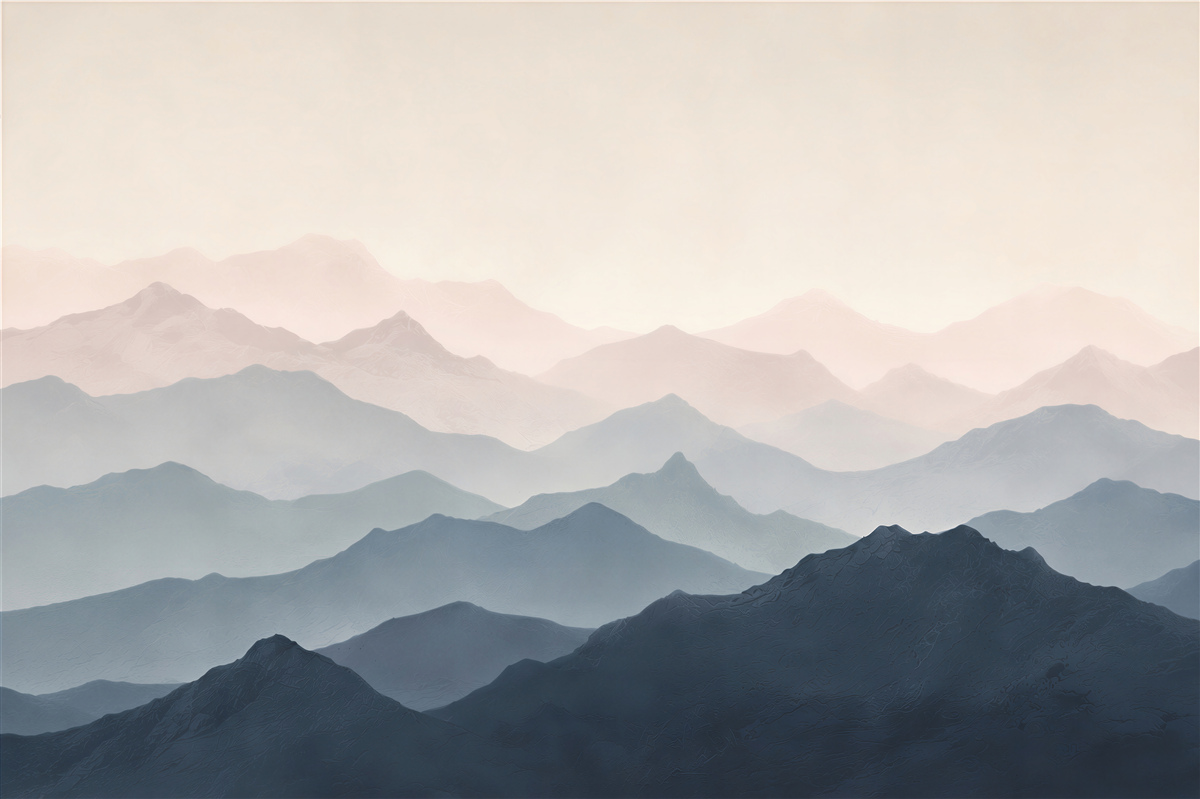 Papier peint montagnes en couches dans le brouillard paysage pastel pour le salon