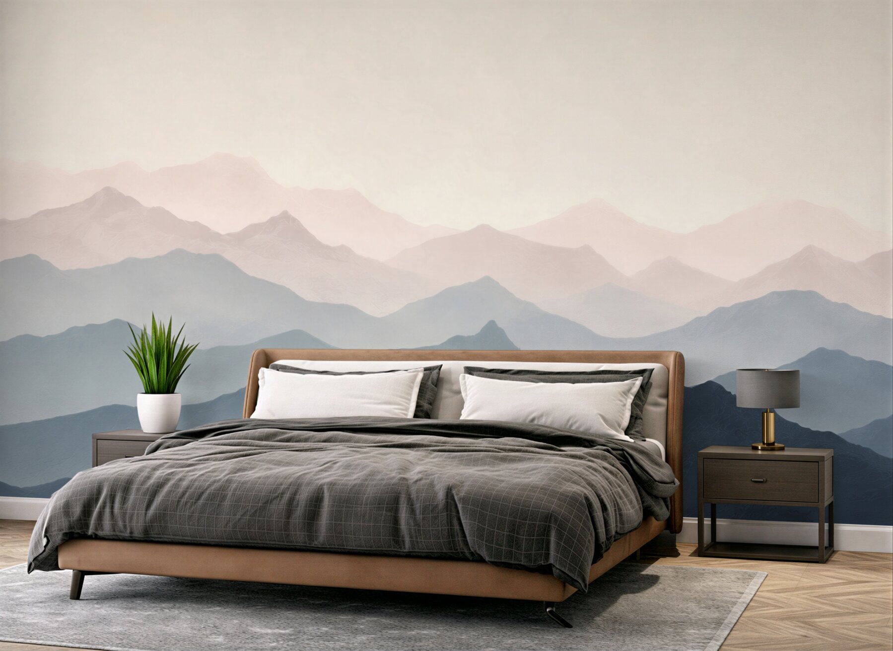 Papier peint montagnes en couches dans le brouillard paysage pastel pour le salon