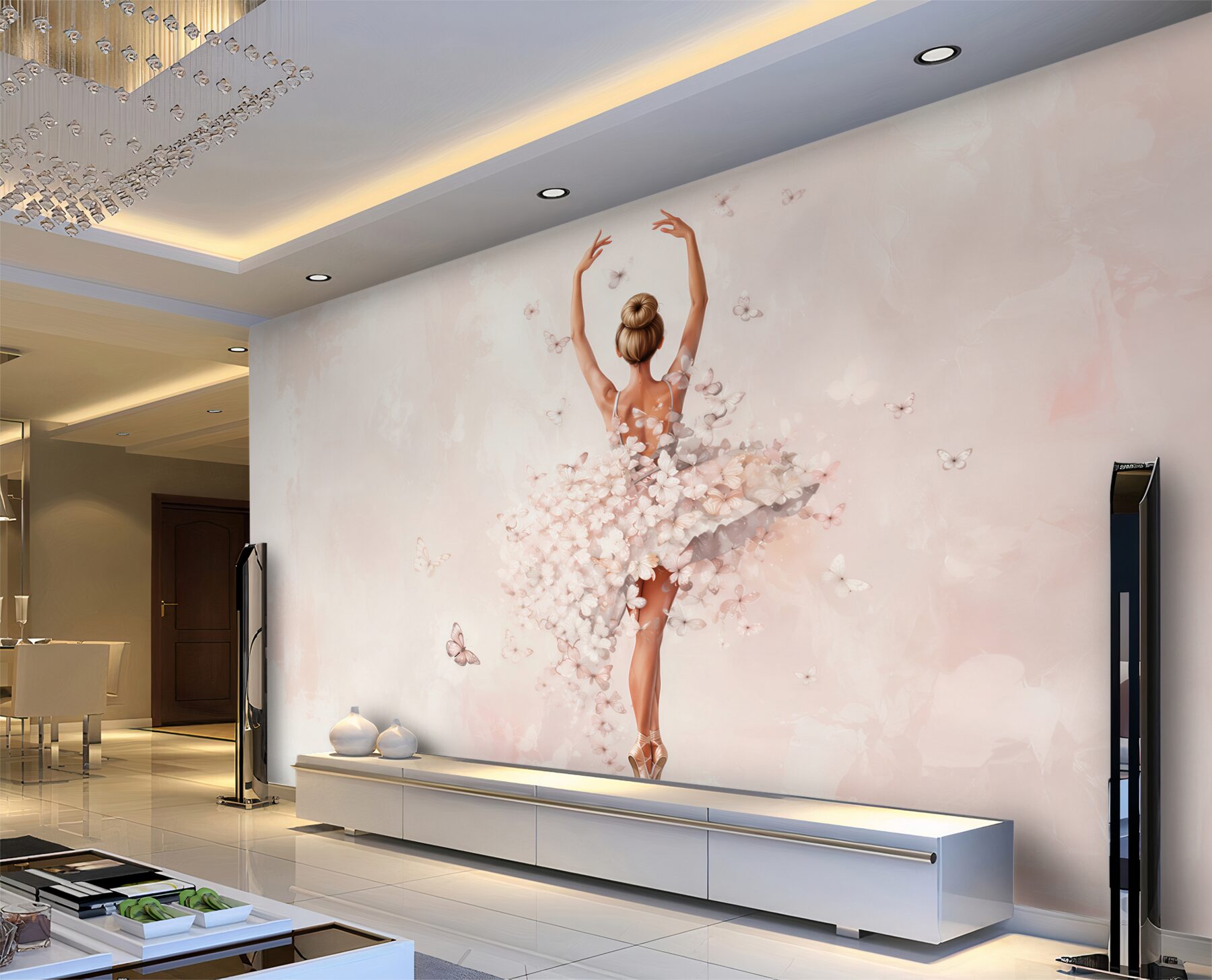 Papier peint ballerine avec des papillons en rose poudré pour la chambre de fille