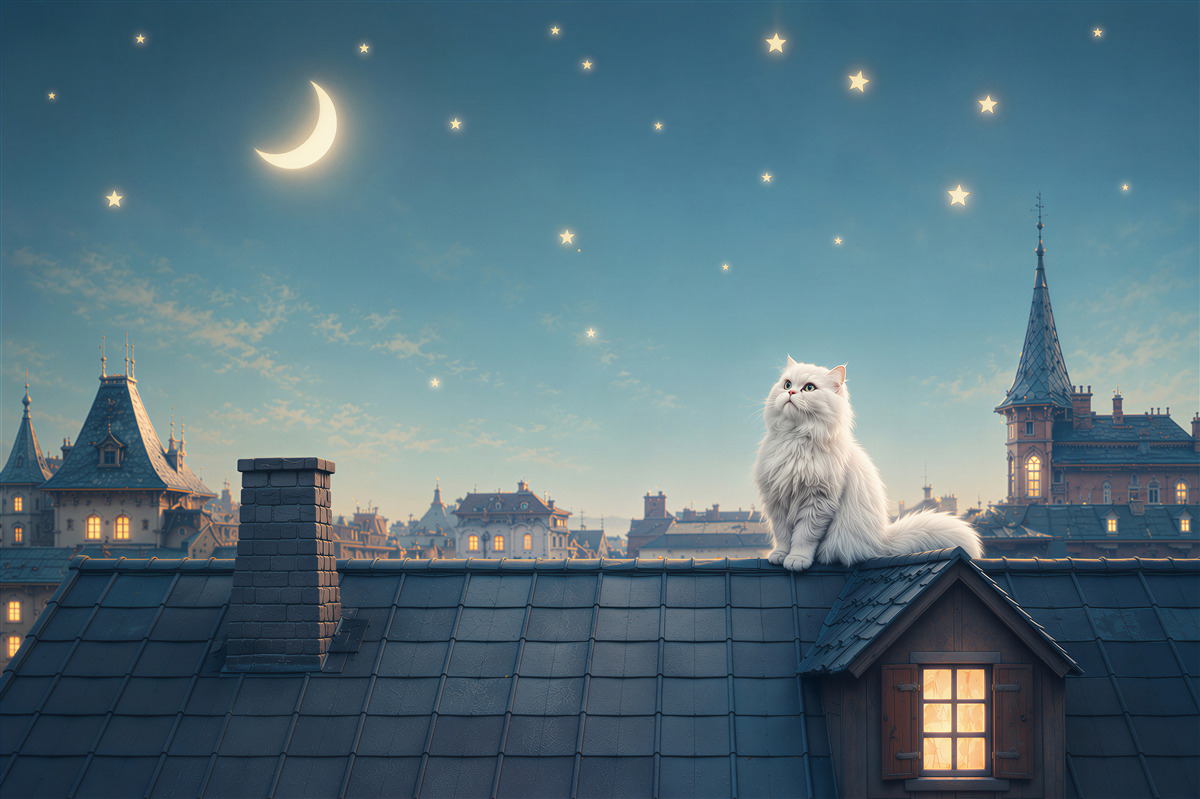 Papier peint chat blanc sur le toit sous les étoiles vue nocturne féerique