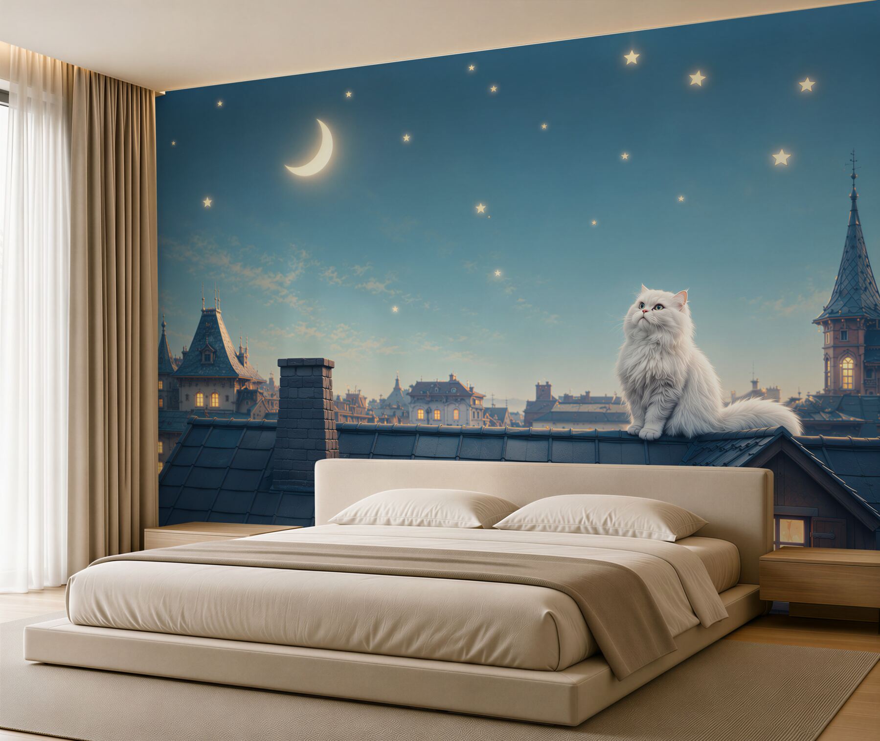 Papier peint chat blanc sur le toit sous les étoiles vue nocturne féerique