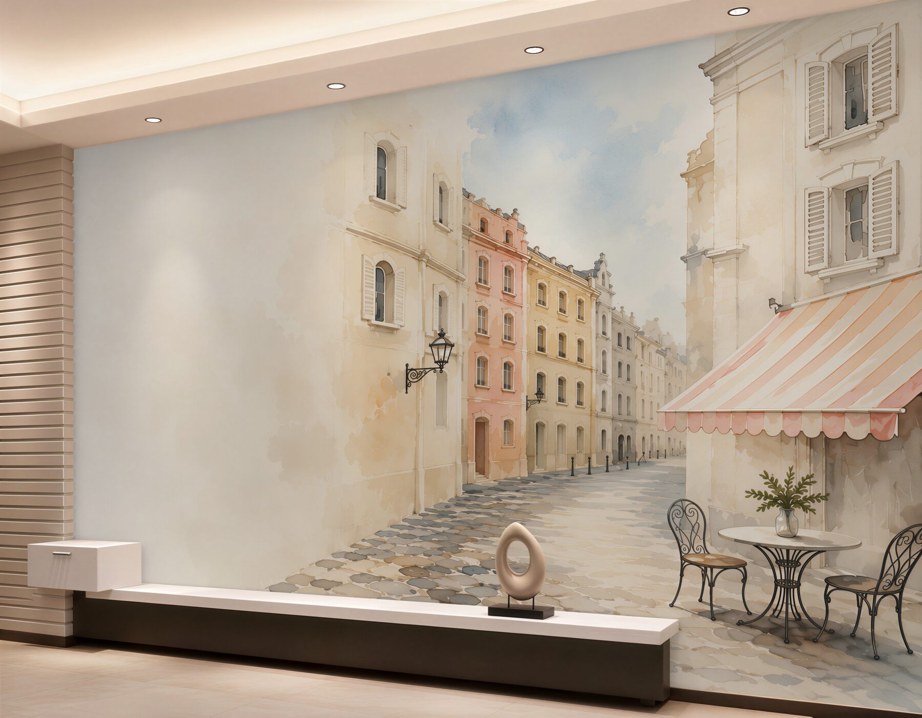 Papier peint ruelle pastel avec café ville romantique