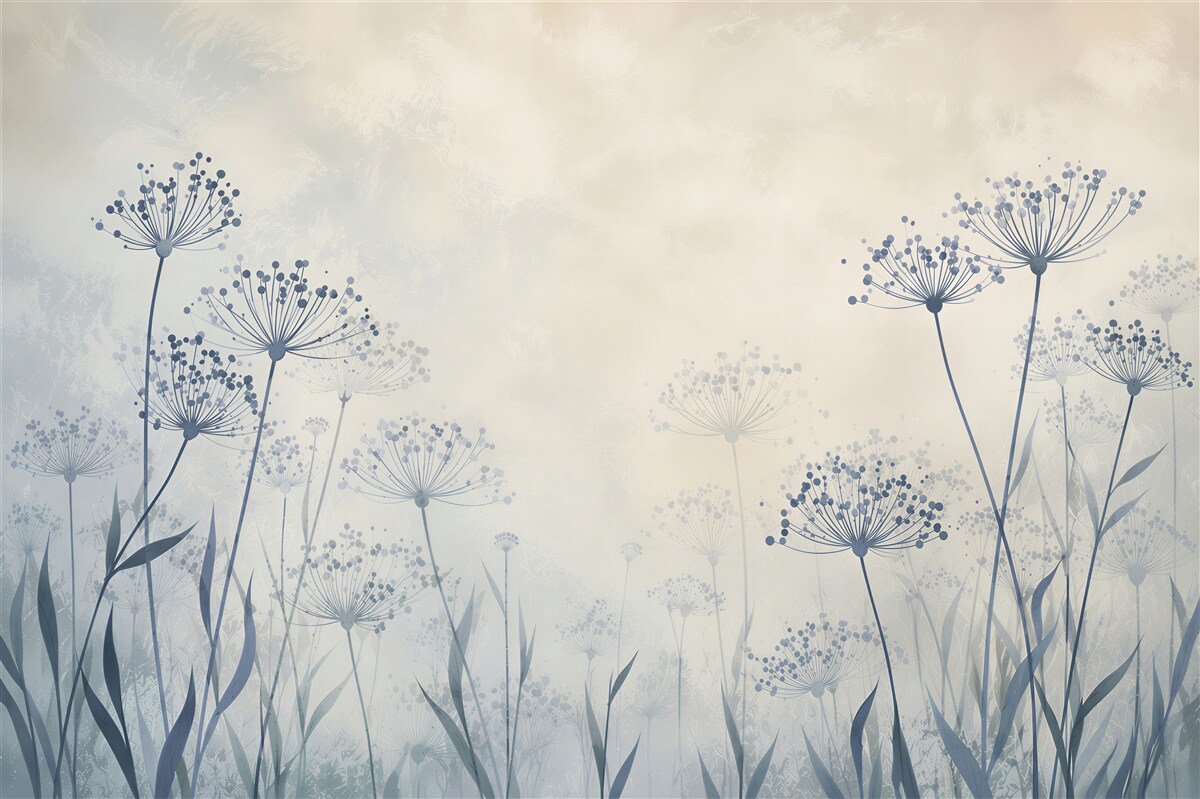 Papier peint pissenlits délicats et herbes en bleu pastel
