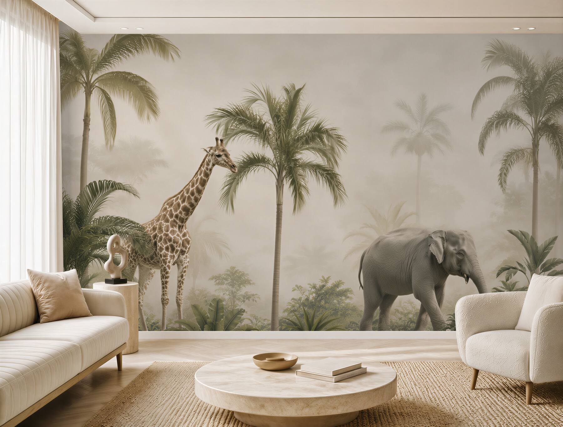 Papier peint girafe et éléphant dans la jungle tropicale beige