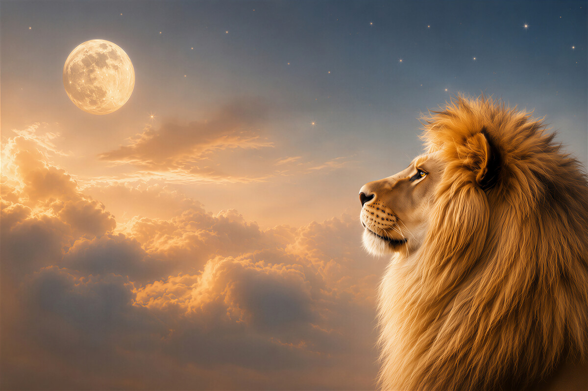 Papier peint lion sous la lune dans des nuages dorés