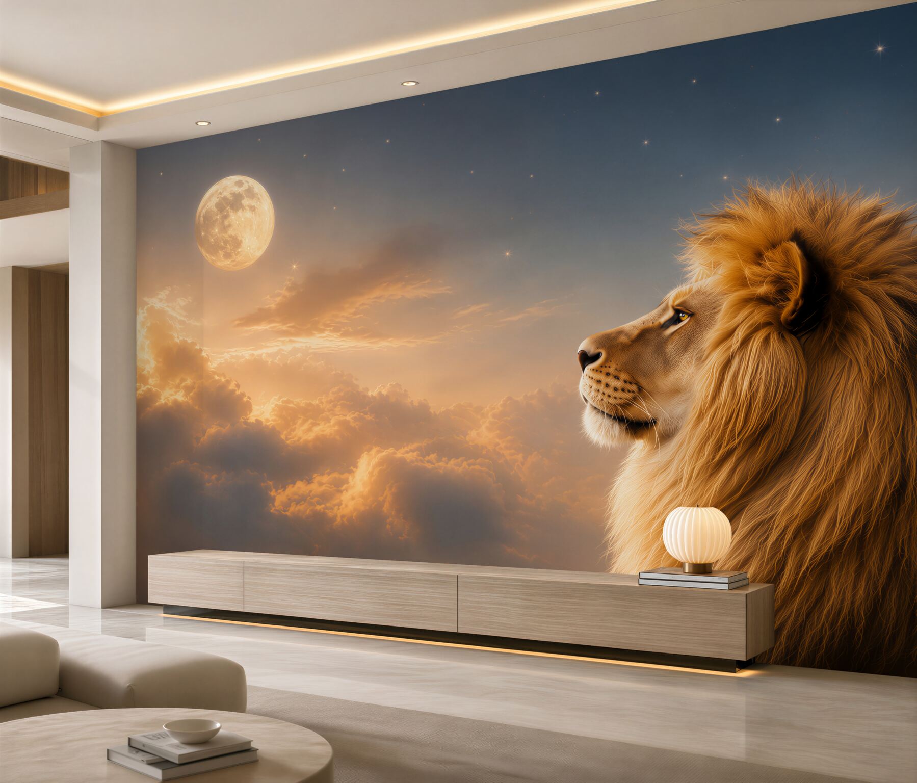 Papier peint lion sous la lune dans des nuages dorés