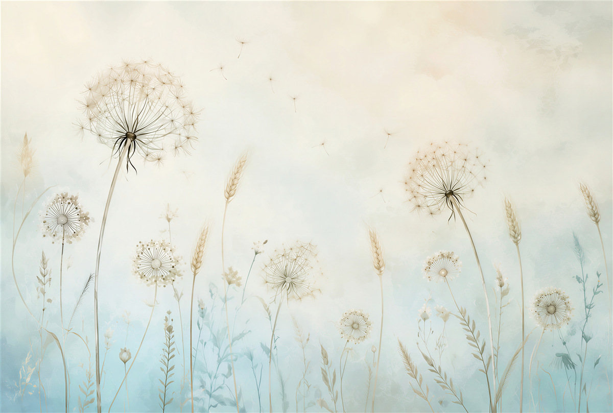 Papier peint pissenlits et herbes pastel bleu beige pour chambre paisible
