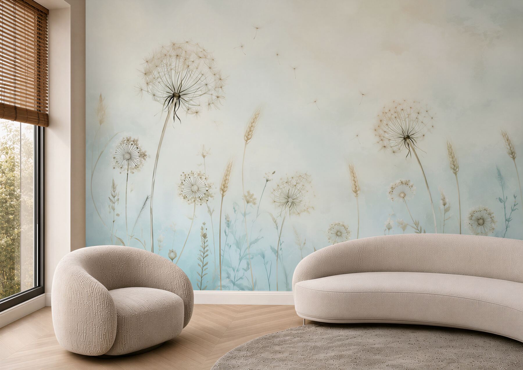 Papier peint pissenlits et herbes pastel bleu beige pour chambre paisible