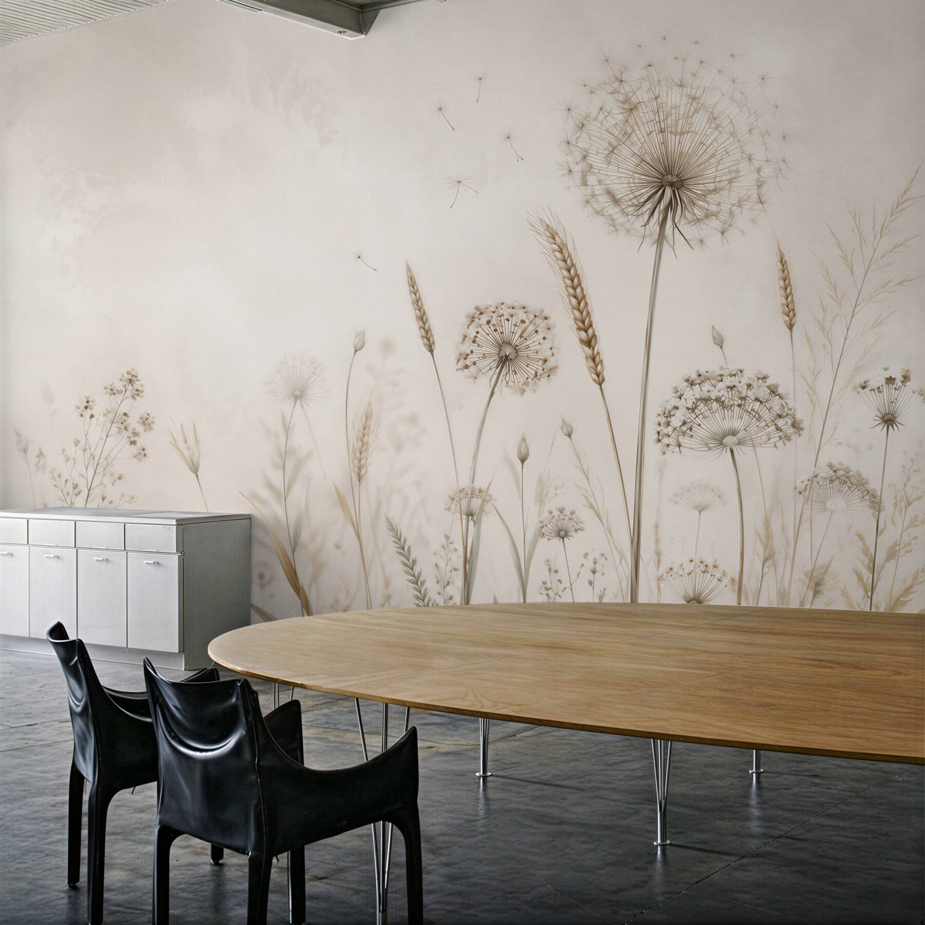 Papier peint pissenlits et herbes beiges prairie minimaliste pour le salon